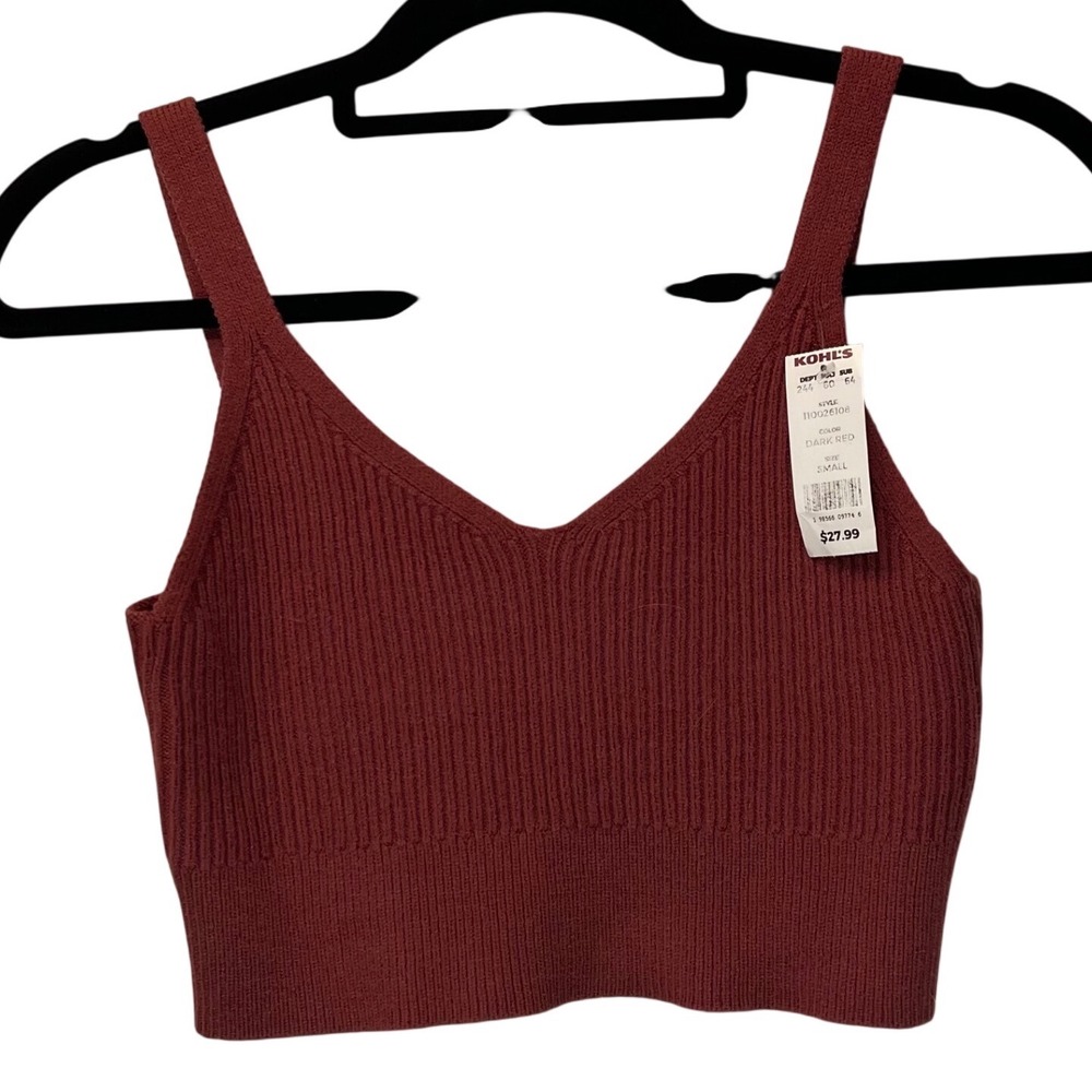 NWT Womens Dark Red Ribbed Knit Cropped Cami Tank Top Small Y2K Knit Sweater